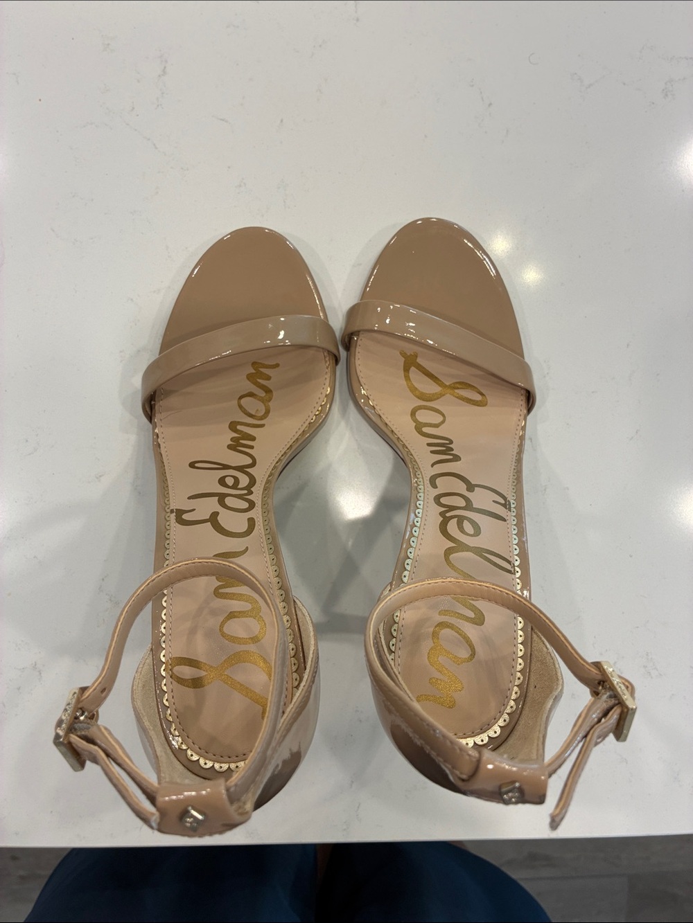 Sam Edelman Beige Patent Ankle-Strap Heels - Picture 3 of 5